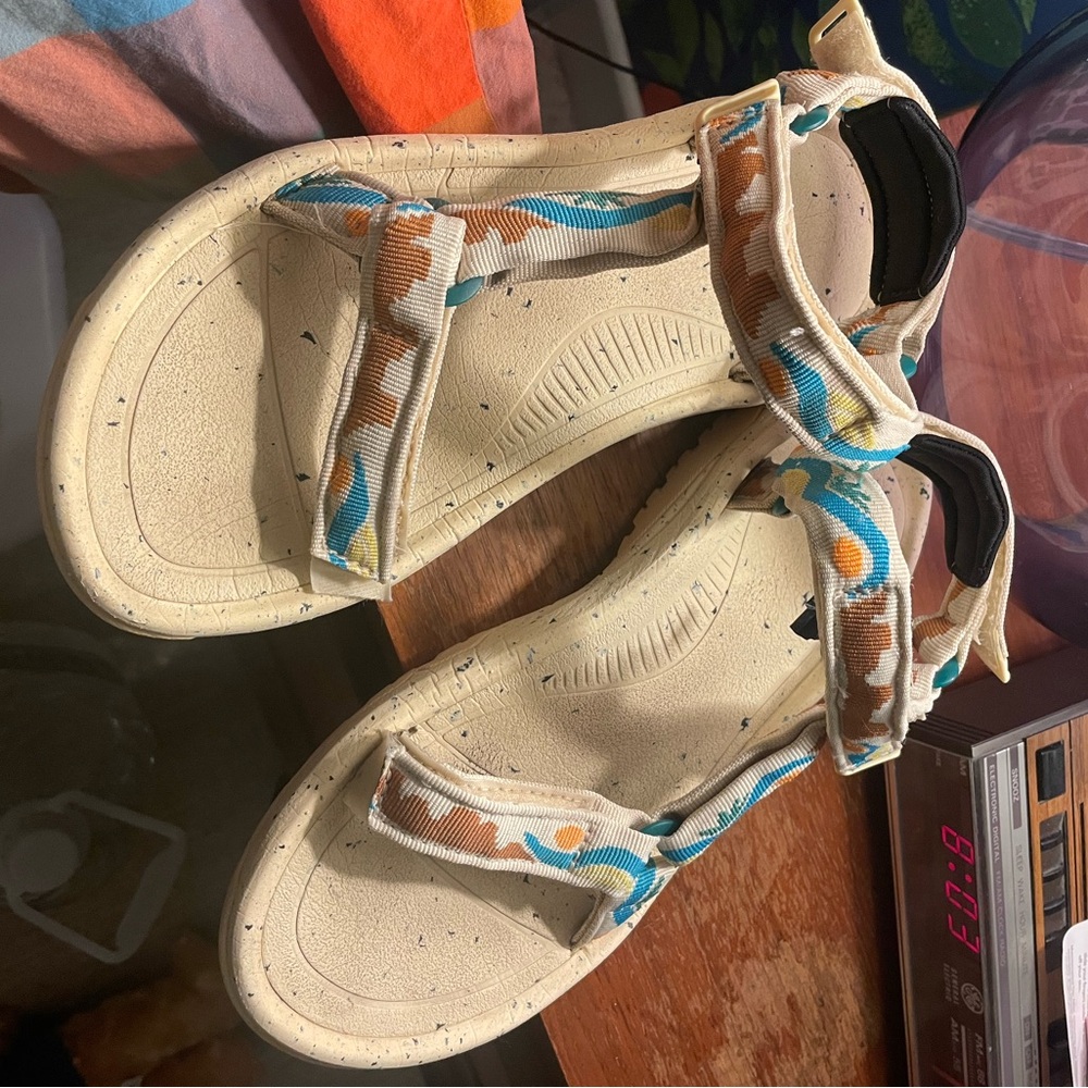 Teva Parks Project Cream Sandals with Blue and Brown Patterned Straps